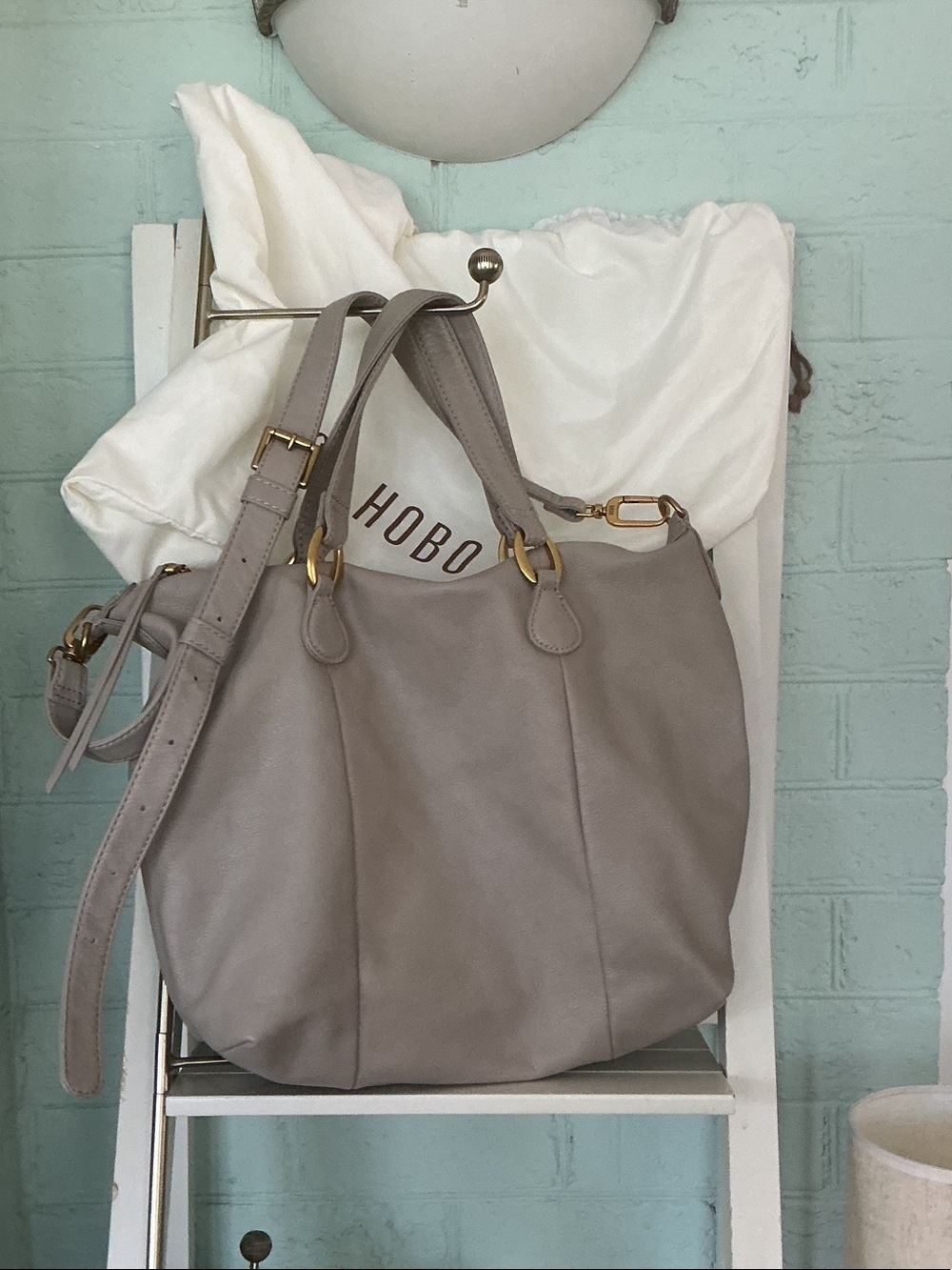 HOBO Gray-Taupe Leather Hobo Bag with Gold Hardware